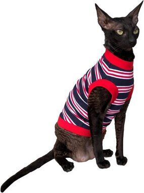 Cute Cat T-Shirt in Dark Blue, Red & White Stripes - XS Size, Stylish Pet